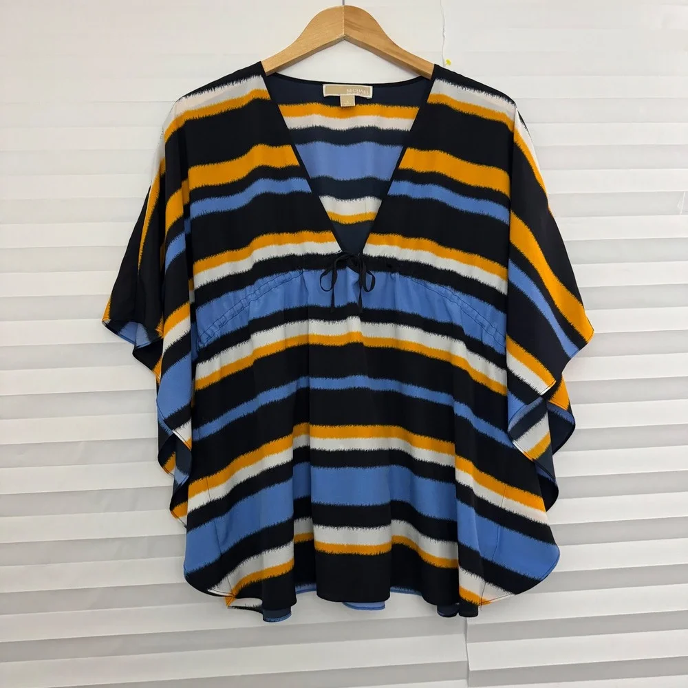 Michael Kors Womens Blue Orange Striped V-Neck Kaftan Empire Waist Top‎ Large
